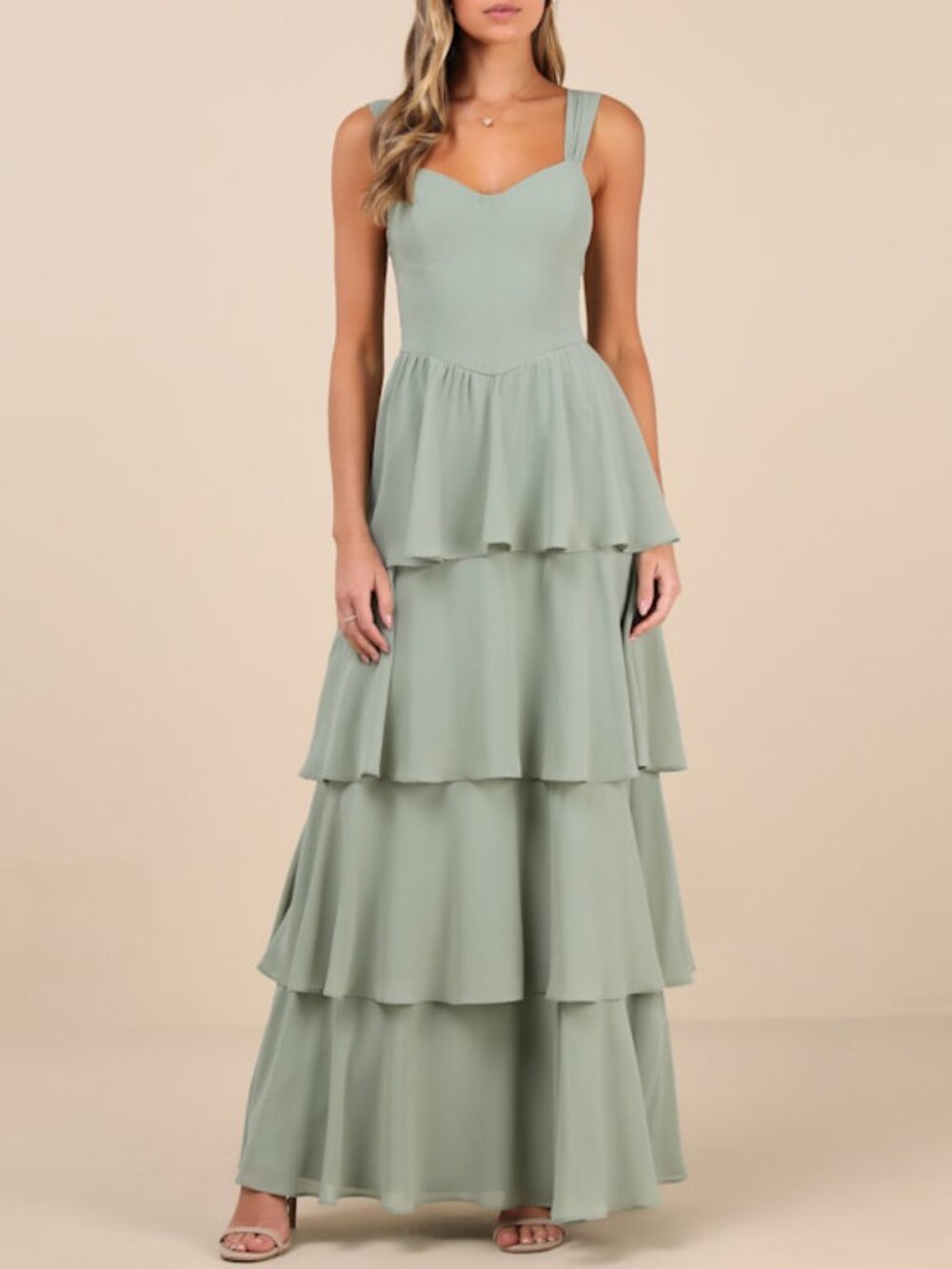 Lulus Carlynda Sage Brush Tiered Bustier Maxi Dress Green - Size M